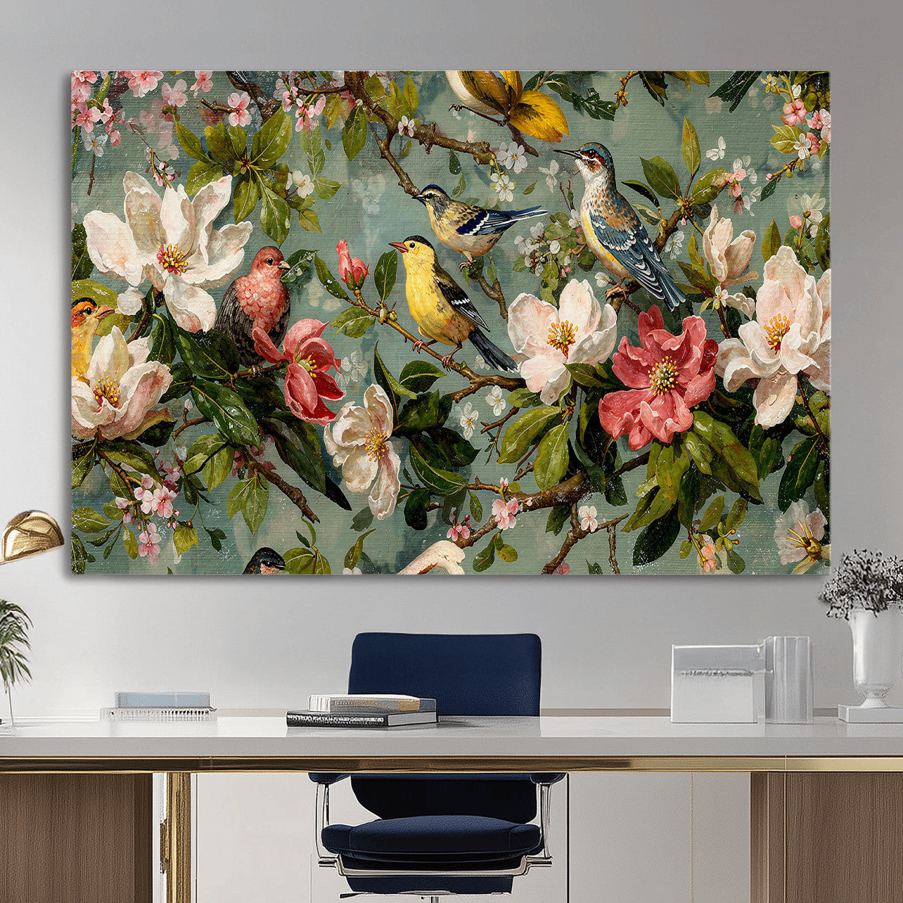 77883606-MGV-CV-36X24 - Vintage Birds and Flowers Wide Wall Art: Extra Large Panoramic Botanical Print