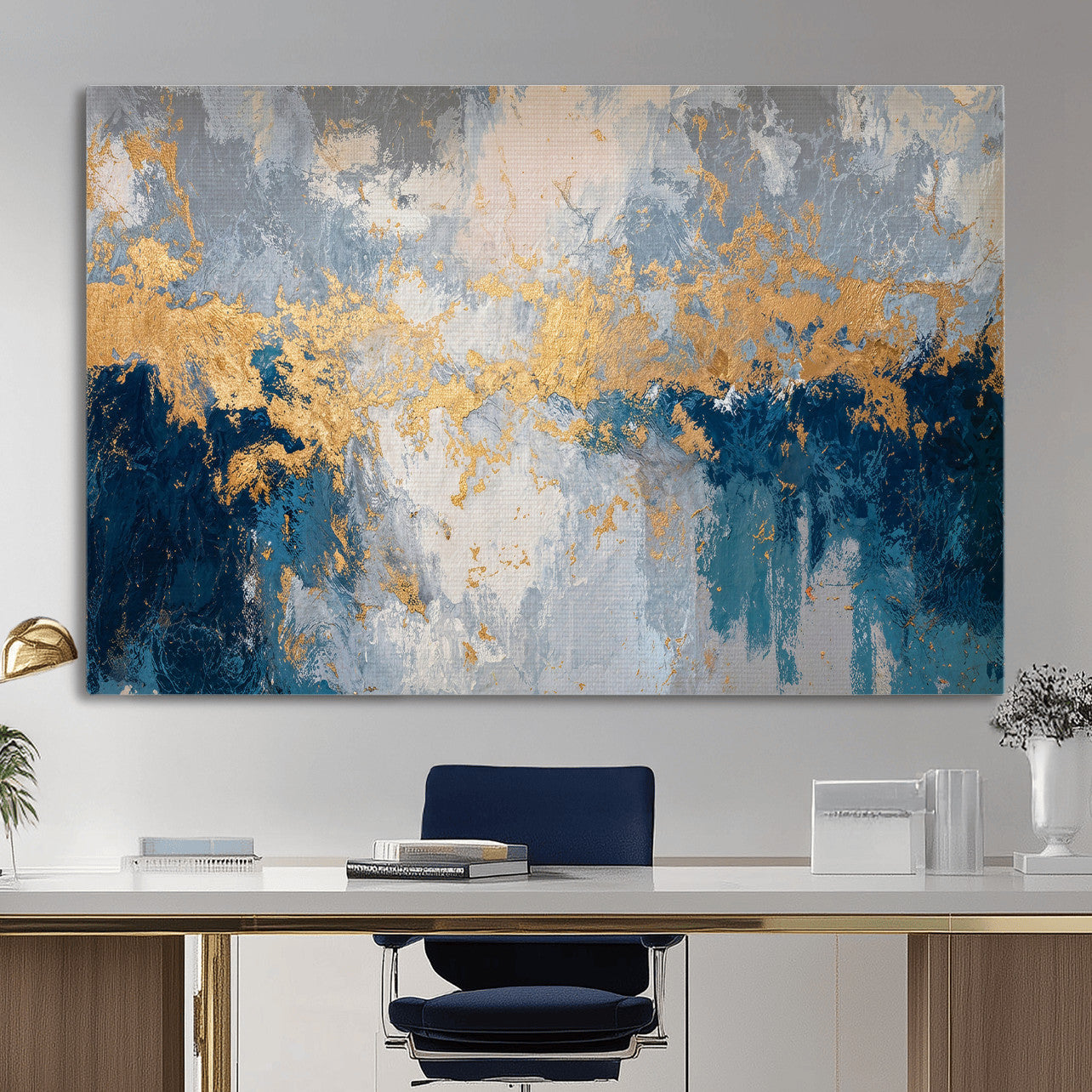 65386119-MGV-CV-36X24 - Blue Gold Abstract Large Framed Canvas Wall Art, Modern Luxury Painting Print in Horizontal Oversized Minimal Wall Decor Artwork