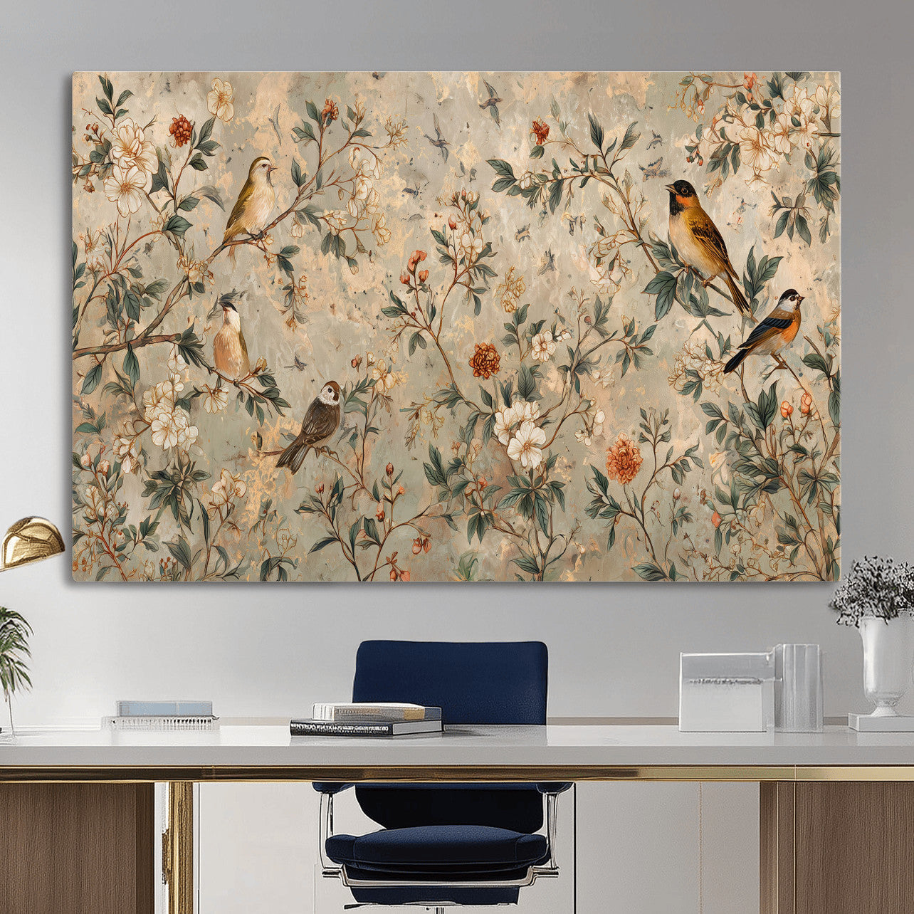 76588438-MGV-CV-36X24 - Vintage Birds and Flowers Wall Art Canvas Print, Botanical Bird Painting Canvas Print, Floral Garden Bird Artwork Canvas Print, Classic Bird Flower Painting Canvas Print