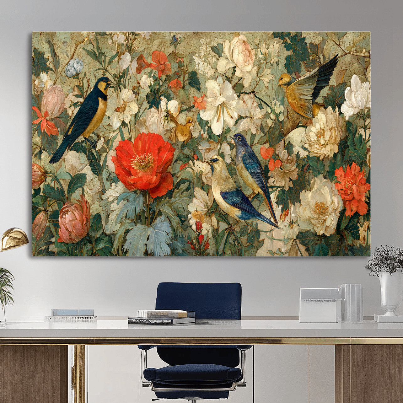 52904757-MGV-CV-36X24 - Vintage Birds and Flowers Wall Art Canvas Print, Botanical Bird Painting Canvas Print, Floral Garden Bird Artwork Canvas Print, Classic Bird Flower Painting Canvas Print