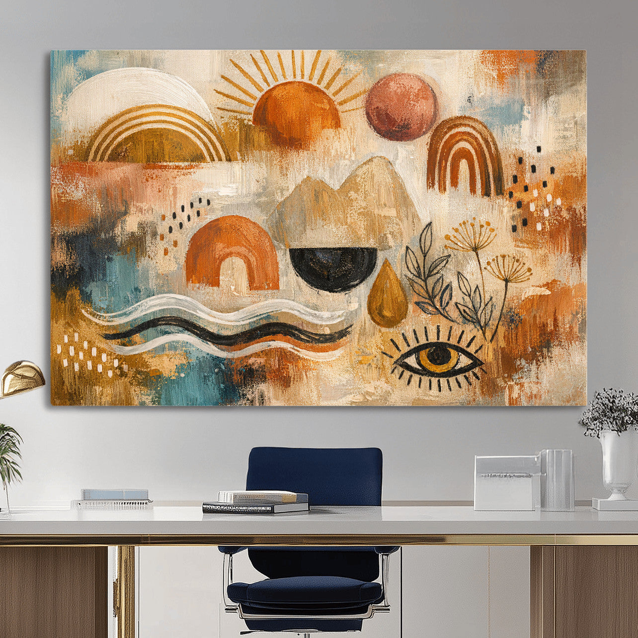 52155239-MGV-CV-36X24 - Geometric Boho Abstract Wall Art Canvas Print, Orange Blue Abstract Expressionist Painting Print, Modern Geometric Abstract Canvas Art