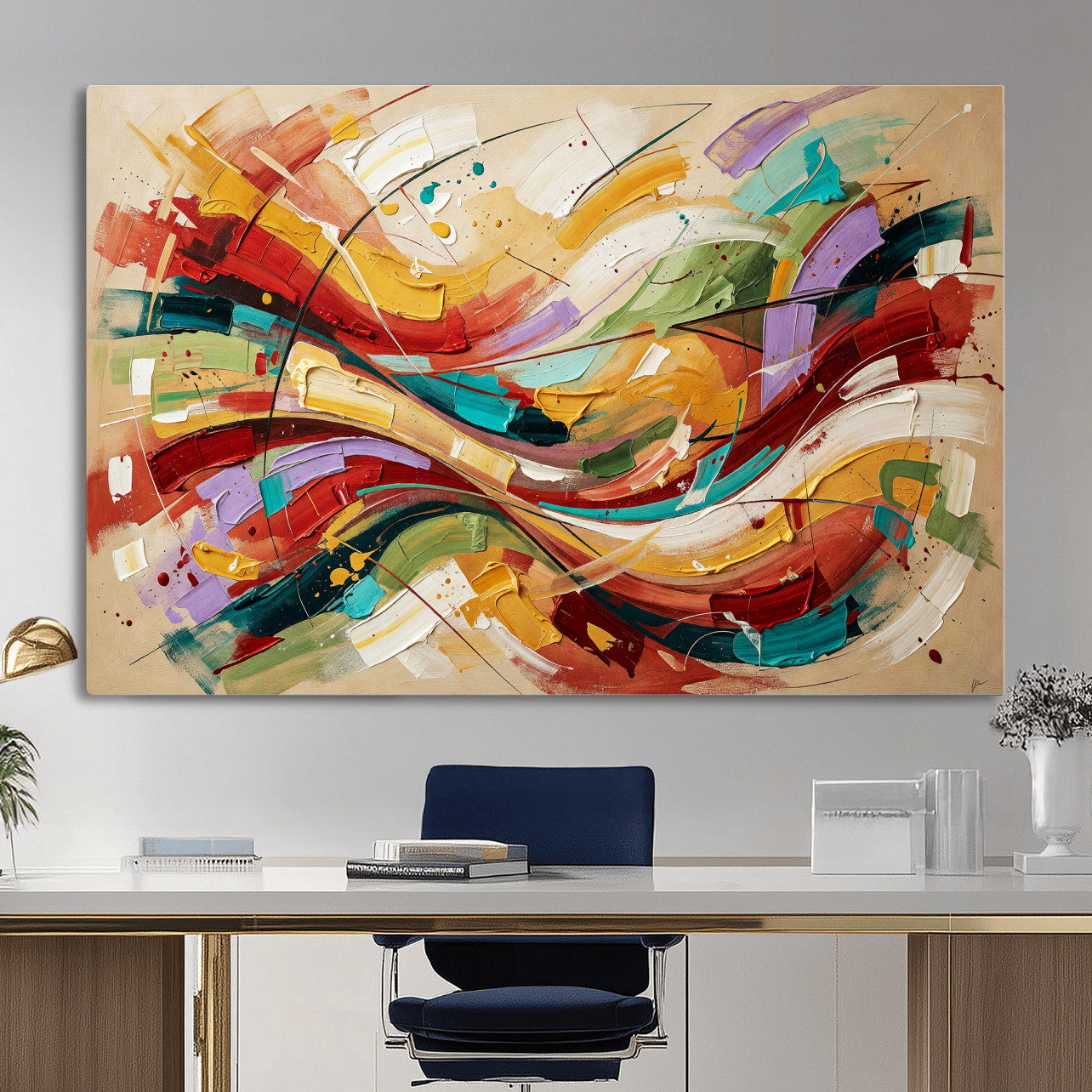 39887645-MGV-CV-36X24 - Geometric Abstract Wall Art Canvas Print, Orange Blue Abstract Expressionist Painting Print, Modern Geometric Abstract Canvas Art