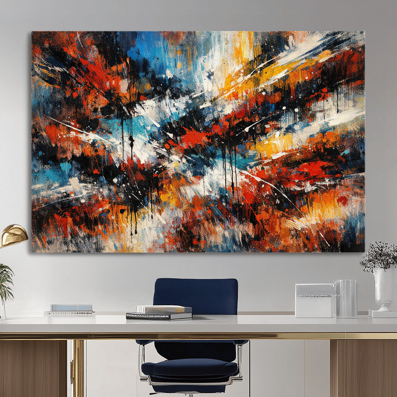 80276069-MGV-CV-36X24 - Geometric Abstract Wall Art Canvas Print, Orange Blue Abstract Expressionist Painting Print, Modern Geometric Abstract Canvas Art