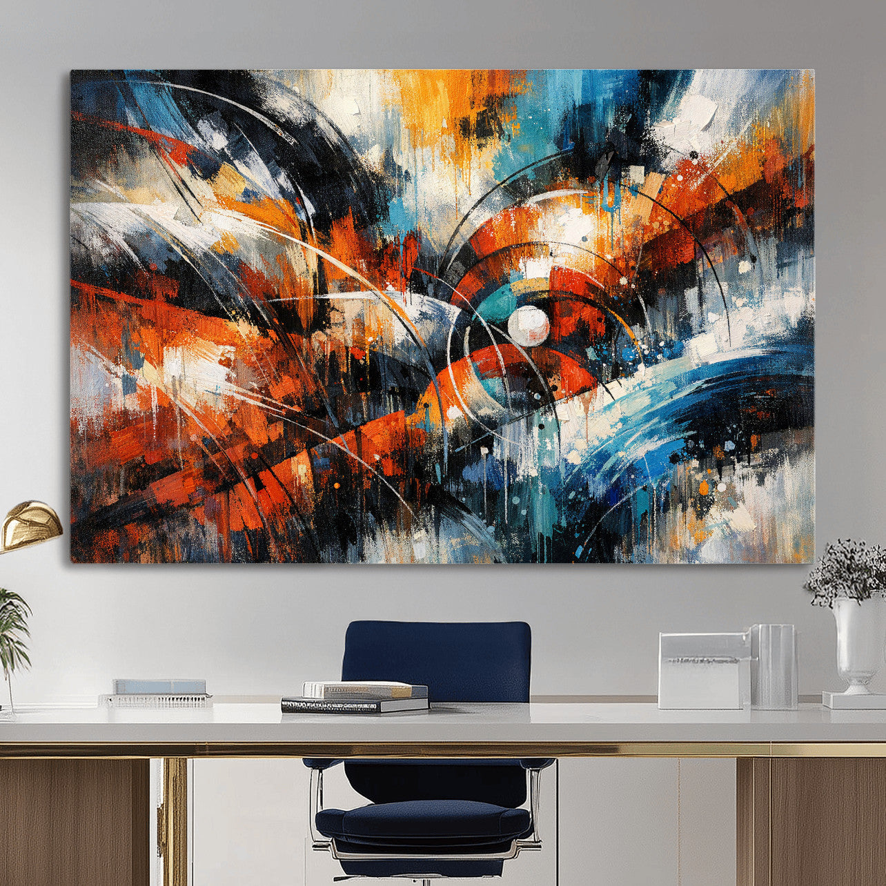 47120691-MGV-CV-36X24 - Geometric Abstract Wall Art Canvas Print, Orange Blue Abstract Expressionist Painting Print, Modern Geometric Abstract Canvas Art