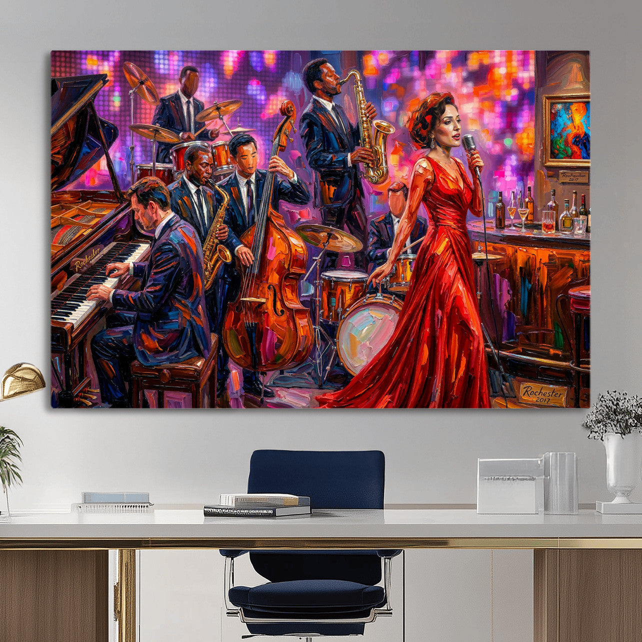 620930J20-MGV-CV-36X24 - Jazz Band Canvas Wall Art — Jazz Club Singer Saxophone Print | Music Wall Decor | Bar Restaurant Art | Music Lover Gift | Jazz Home Decor