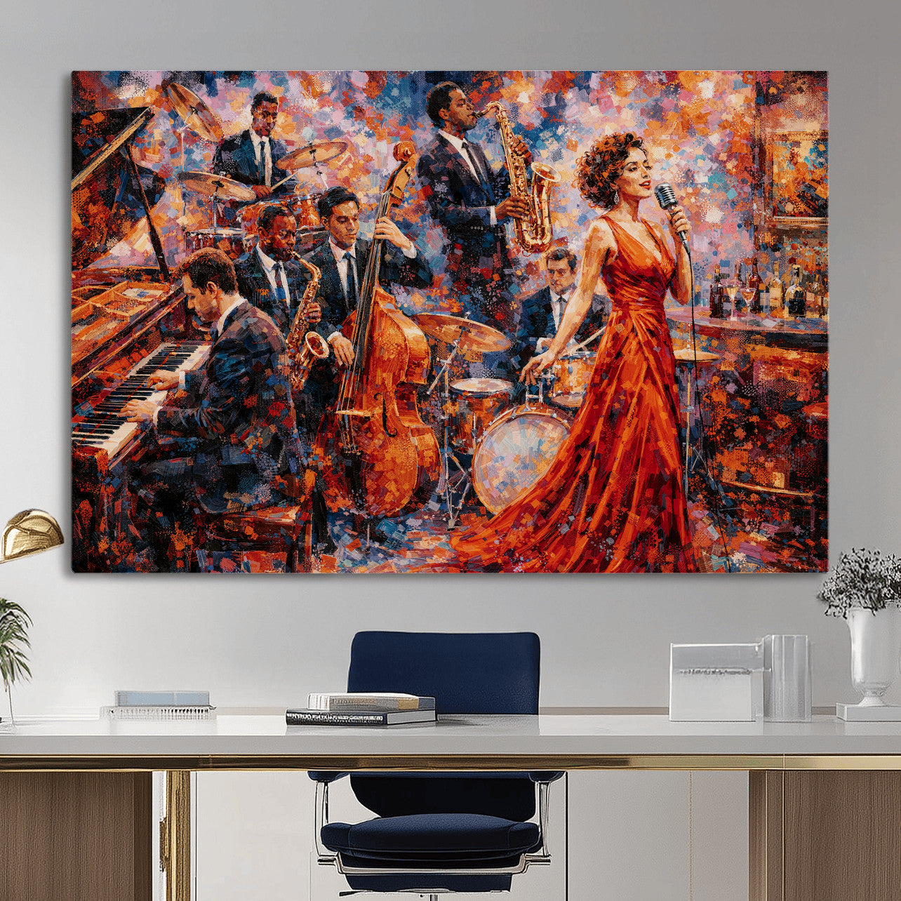 620930SF20-MGV-CV-36X24 - Jazz Band Canvas Wall Art — Jazz Club Singer Saxophone Print | Music Wall Decor | Bar Restaurant Art | Music Lover Gift | Jazz Home Decor