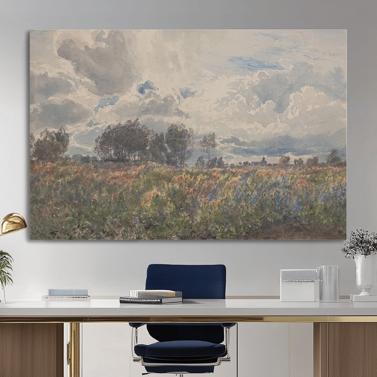 76626885-MGV-CV-36X24 - Vintage Watercolor Meadow Canvas Wall Art — English Pastoral Wildflower Storm Sky Print | Cottagecore Nature Decor | Classic Landscape Gift