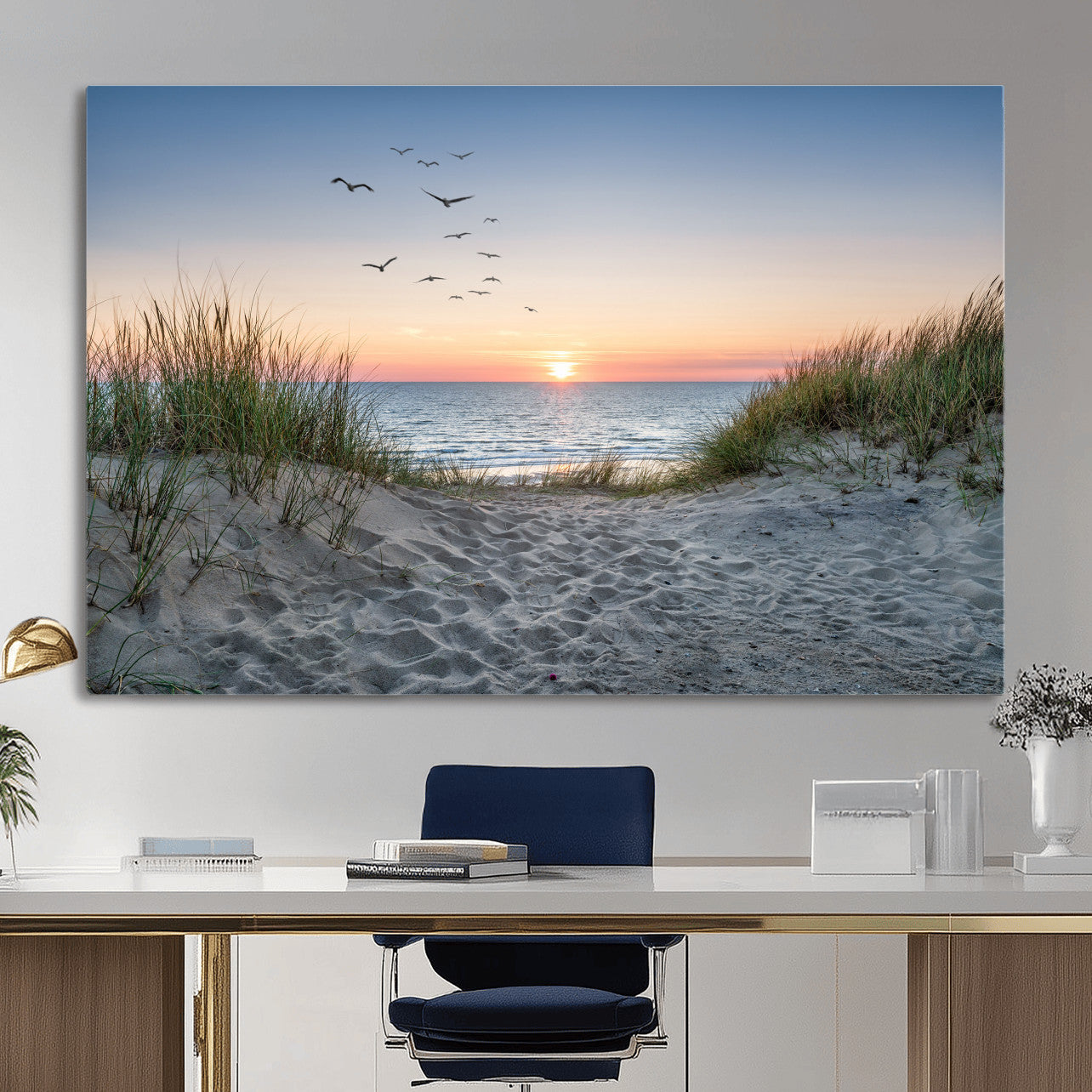 12172032-MGV-CV-36X24 - Sandy Dune Path Sunset Canvas Wall Art — Seagulls Beach Ocean Photography Print | Coastal Home Decor | Nautical Wall Art | Beach House Gift