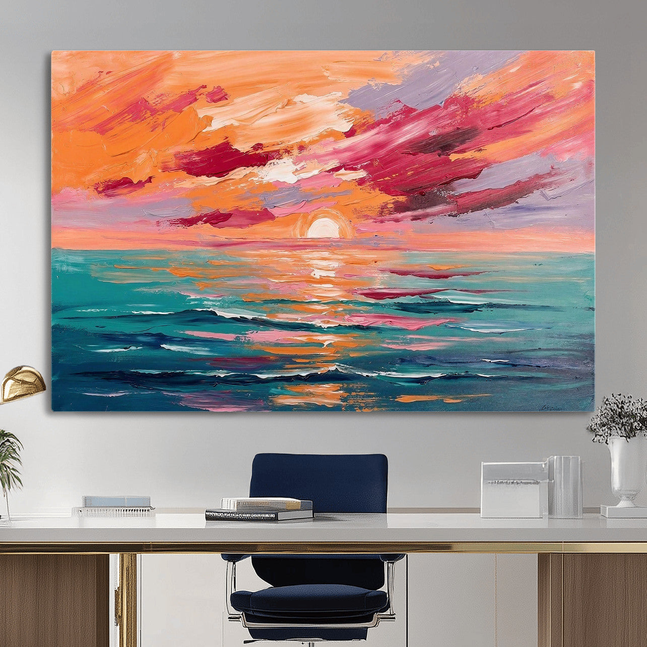 26763902-MGV-CV-36X24 - Bold Palette Knife Ocean Sunset Canvas — Orange Pink Teal Expressionist Sea Print | Colorful Coastal Wall Art | Vibrant Beach Decor Gift