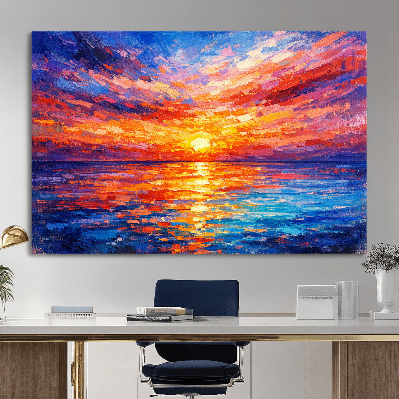 54915078-MGV-CV-36X24 - Colorful Knife Ocean Sunset Canvas — Orange Pink Teal Expressionist Sea Print | Colorful Coastal Wall Art | Vibrant Beach Decor Gift