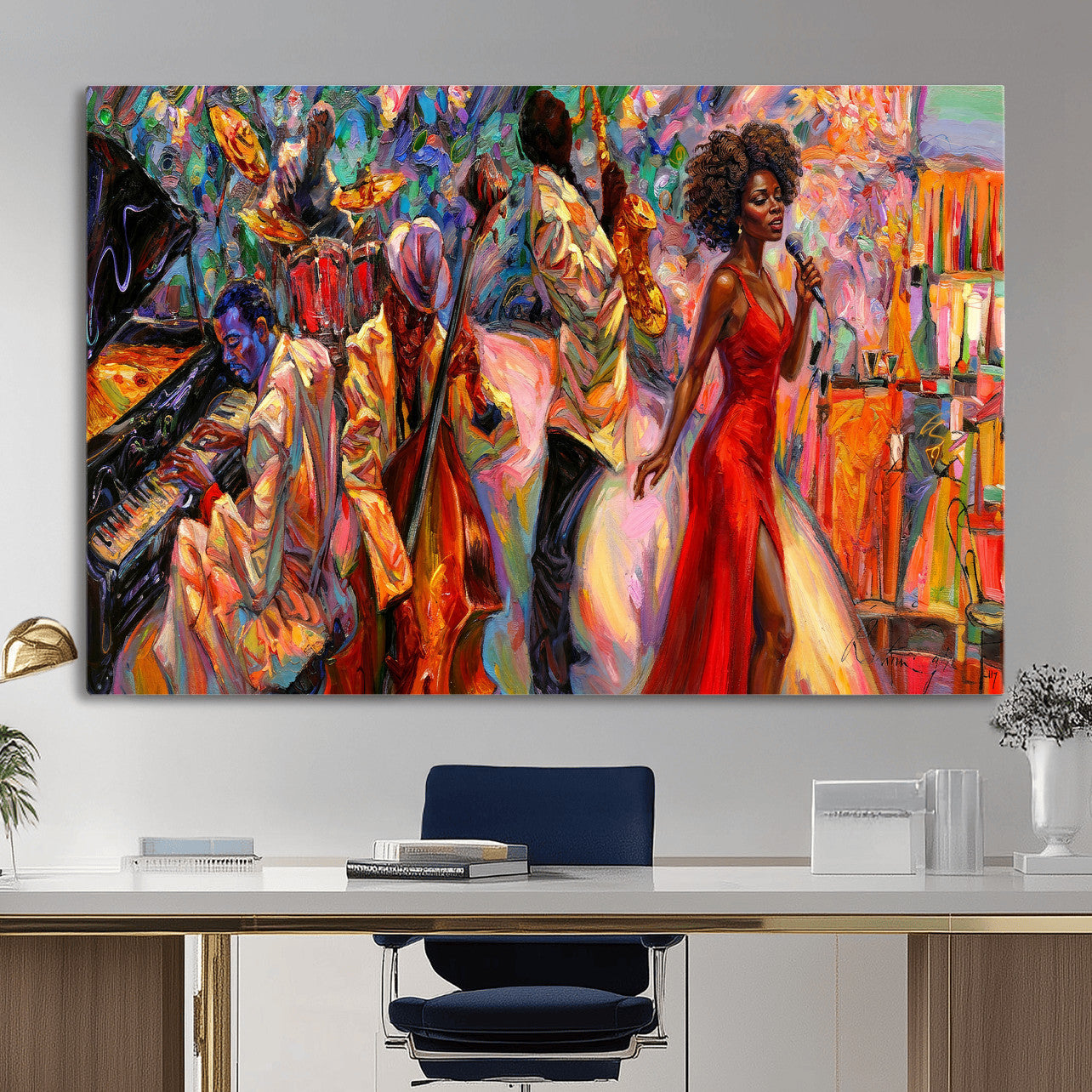 72615137-MGV-CV-36X24 - African American Jazz Singer Canvas Art - Red Dress Black Woman Music Print | Colorful Jazz Band Wall Decor | Living Room Gift for Her