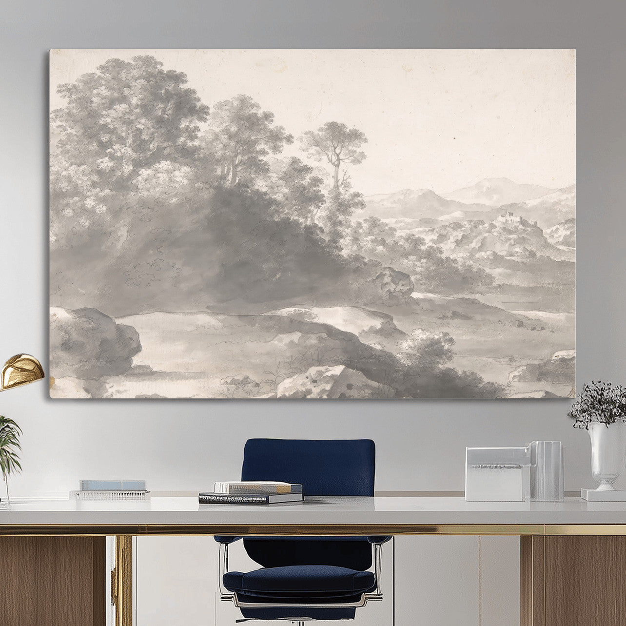 33041209-MGV-CV-36X24 - Van Poelenburch Landscape Canvas Wall Art — Dutch Golden Age Gray Wash Drawing Print | Baroque Italianate Nature Decor | Old Master Classic Gift