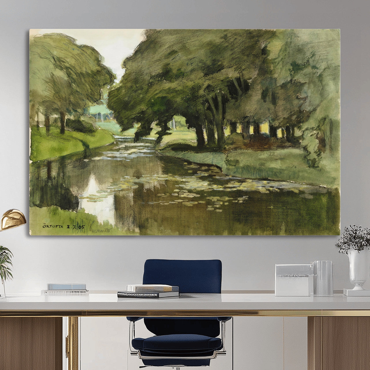 54446767-MGV-CV-36X24 - Anders Zorn Watercolor Canvas Print, Örtofta 1905 Swedish River Landscape, Impressionist Nature Art, Scandinavian Wall Decor, Plein Air Painting Print