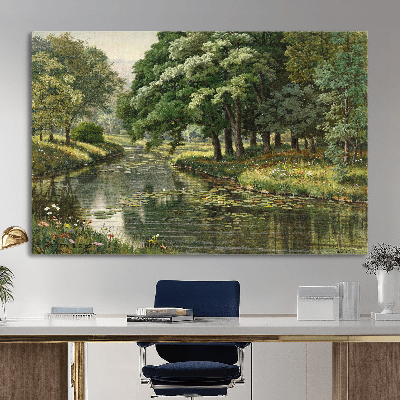 44288560-MGV-CV-36X24 - Forest Stream Canvas Wall Art, Peder Monsted A Forest Stream 1905 Print, Danish Realist Landscape, Lily Pad River Nature Decor, Vintage Green Painting