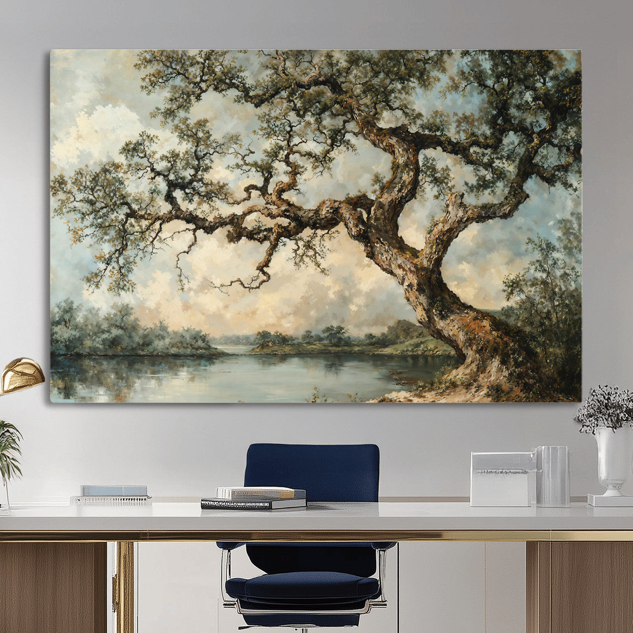 63857726-MGV-CV-36X24 - Old Oak Tree Canvas Wall Art, Turner Inspired Romantic Landscape Print, Vintage Nature Painting, Living Room Wall Decor, Antique Style Tree Art