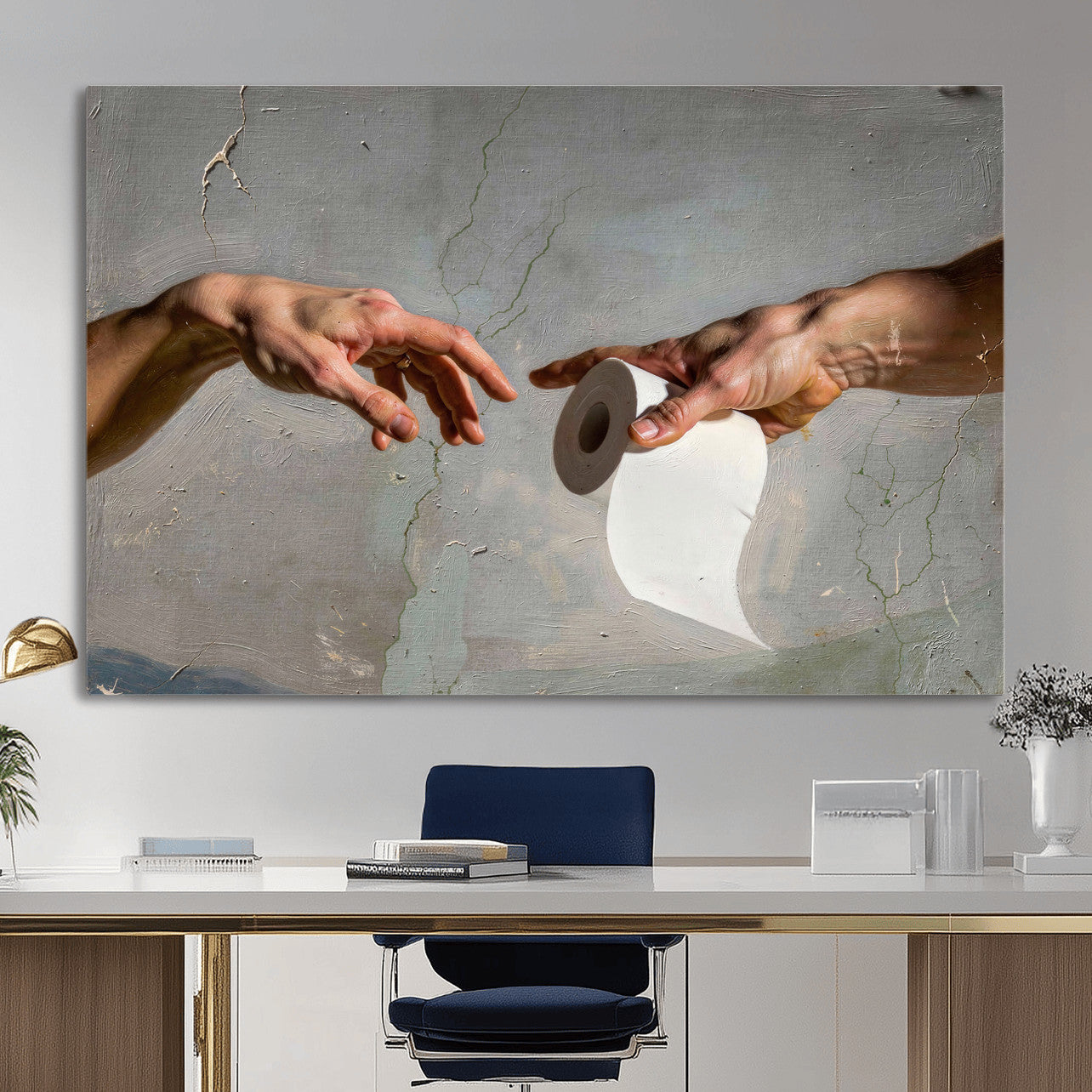 72030048-MGV-CV-36X24 - Funny Bathroom Wall Art Canvas, Creation of Toilet Paper Parody Print, Renaissance Humor Decor, Toilet Room Art, Quirky Housewarming Gift, Classic Art Spoof