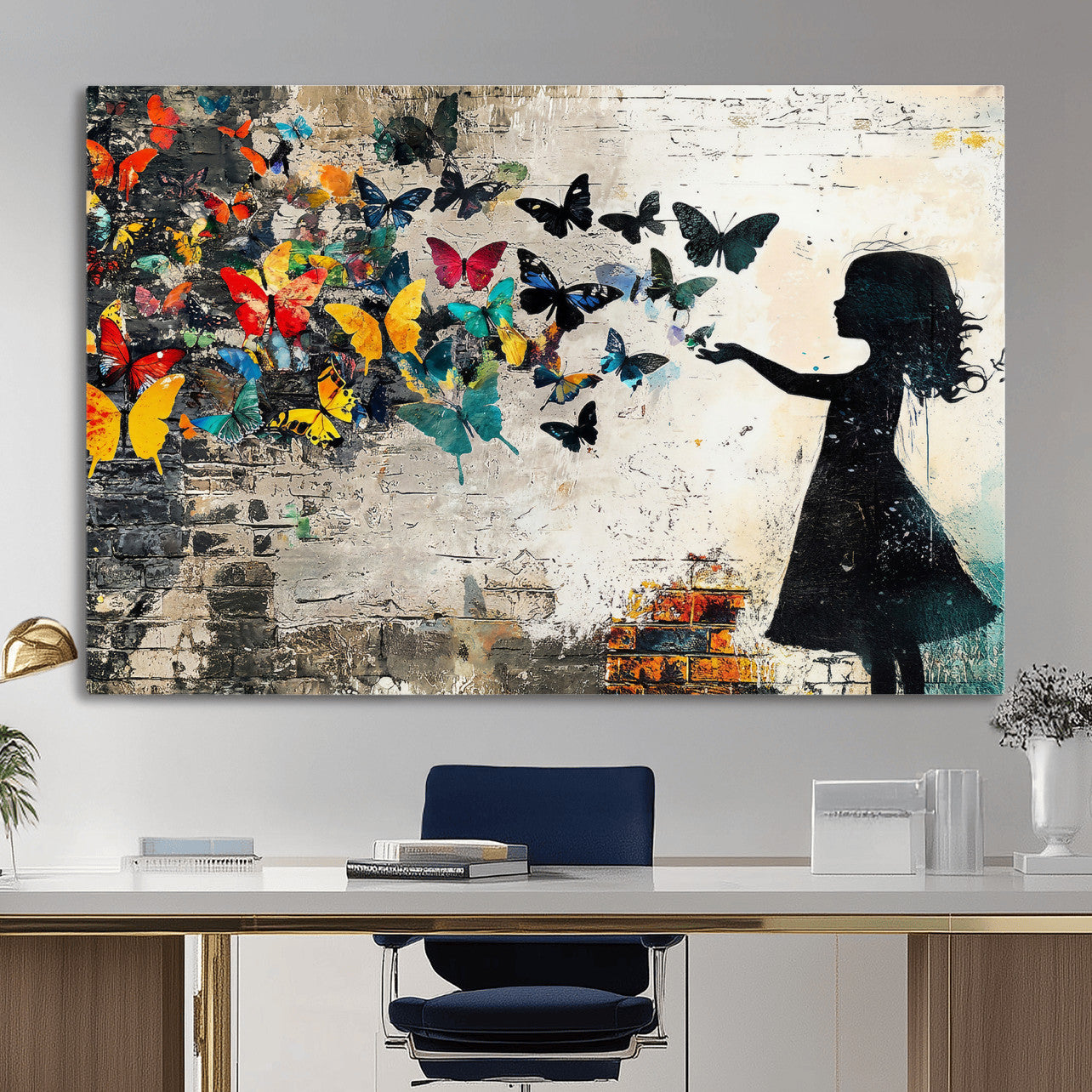 33909022-MGV-CV-36X24 - Banksy Butterfly Girl Wall Art Canvas Print, Framed Street Art Silhouette Graffiti Artwork, Colorful Butterfly Wall Decor for Living Room Bedroom Office