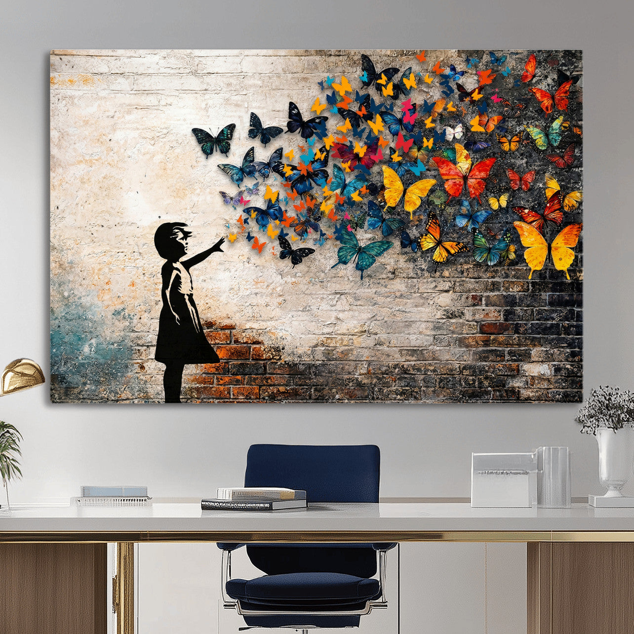 78760384-MGV-CV-36X24 - Banksy Graffiti Butterfly Girl Wall Art Canvas Print, Framed Street Art Canvas Print, Silhouette Butterfly Wall Art for Living Room Bedroom Office