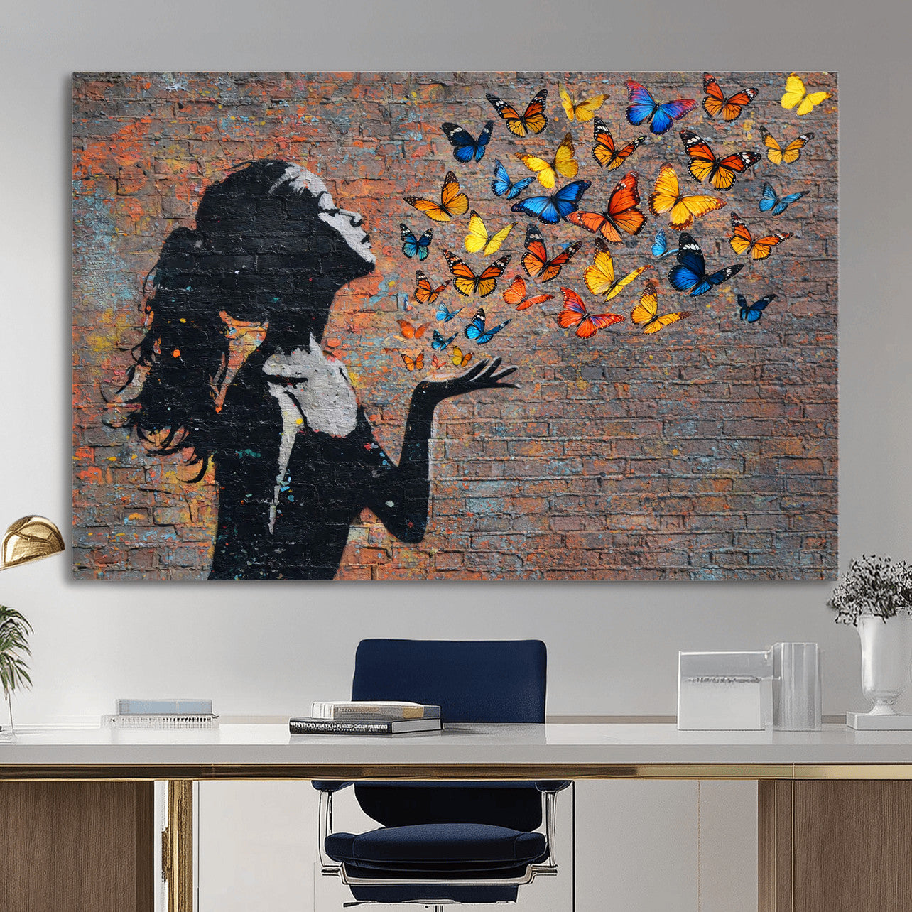 10555939-MGV-CV-36X24 - Urban Banksy Butterfly Girl Wall Art Canvas Print, Framed Street Art Canvas Print, Graffiti Silhouette Butterfly Wall Art for Living Room Bedroom Office
