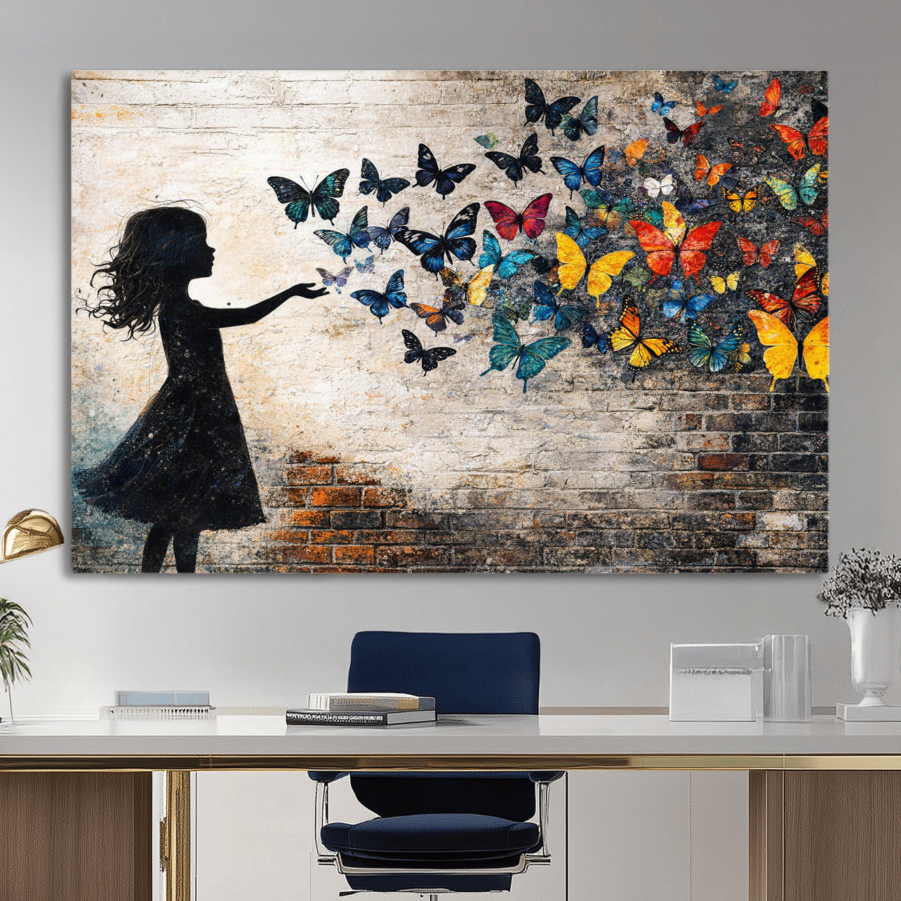 70522594-MGV-CV-36X24 - Banksy Butterfly Girl Wall Art Canvas Print, Framed Street Art Canvas Print, Graffiti Silhouette Butterfly Wall Art for Living Room Bedroom Office