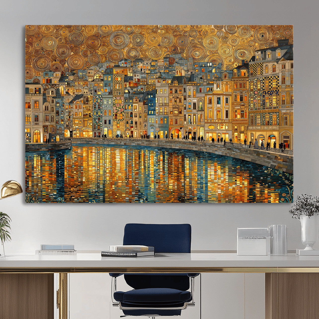 94022787-MGV-CV-36X24 - Gustav Klimt Golden Cityscape Wall Art Canvas Print, Framed River Town Landscape Artwork, Ornate Architecture Wall Decor for Living Room Bedroom Office