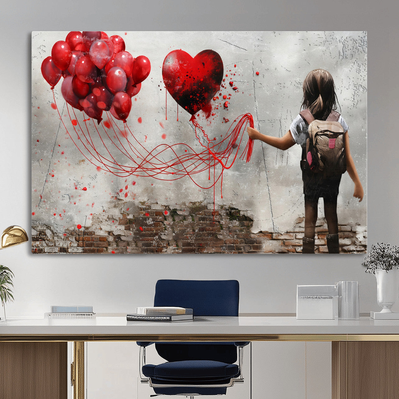 2162830T-MGV-CV-36X24 - Girl Graffiti Wall Art Canvas Print, Red Balloon Heart Street Art, Urban Love Artwork for Living Room Bedroom Hallway Office, Modern Abstract Canvas Wall Decor Home Decor