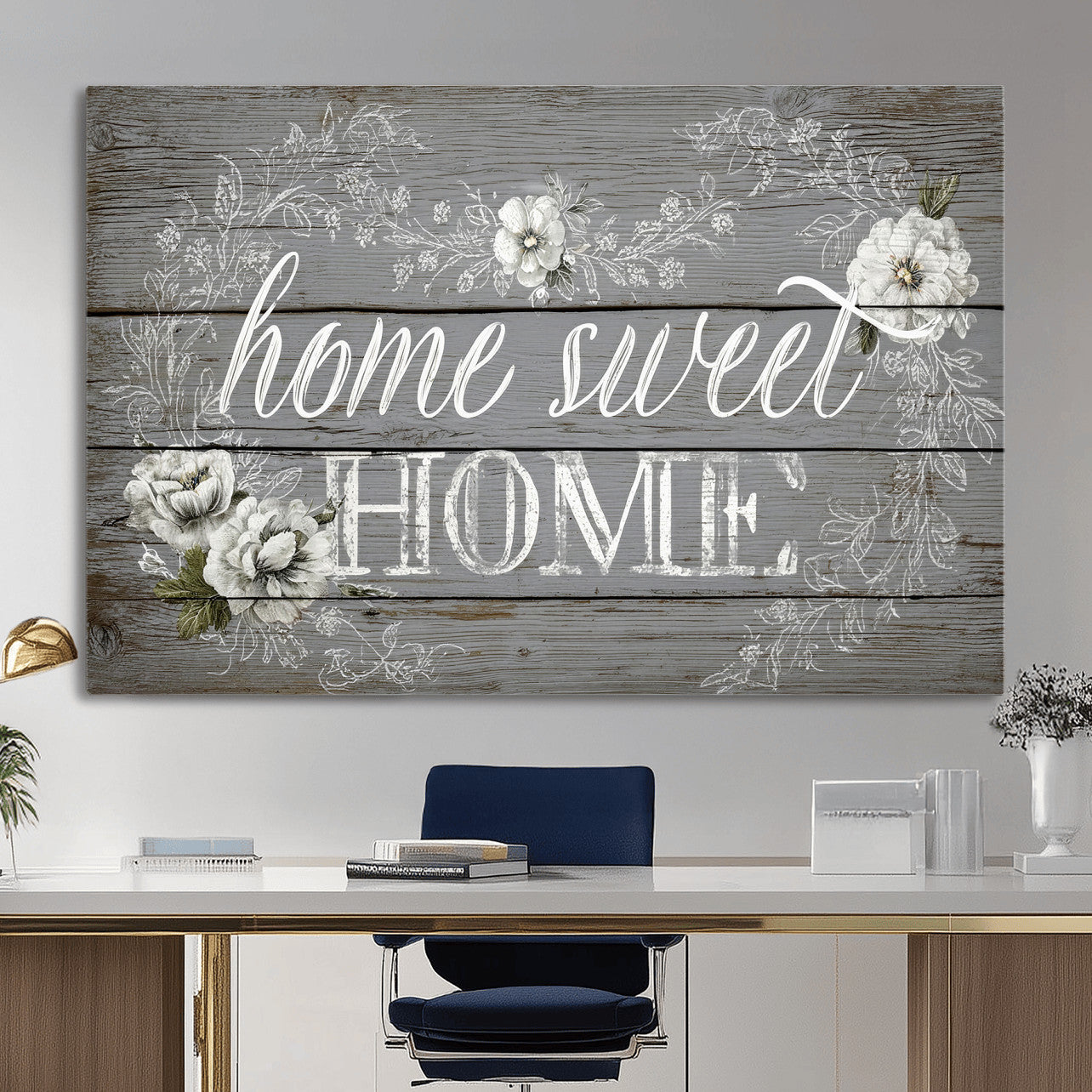 42160089-MGV-CV-36X24 - Home Sweet Home Sign Wall Art Canvas Print, Floral Farmhouse Sign, Rustic Neutral Entryway Bedroom Living Room Decor