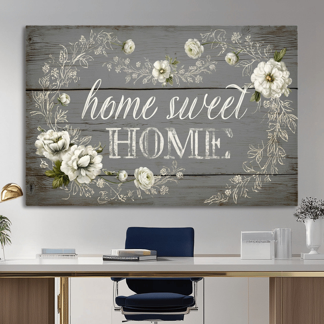 32056075-MGV-CV-36X24 - Home Sweet Home Wall Art Canvas Print, Floral Farmhouse Sign, Rustic Neutral Entryway Bedroom Living Room Decor