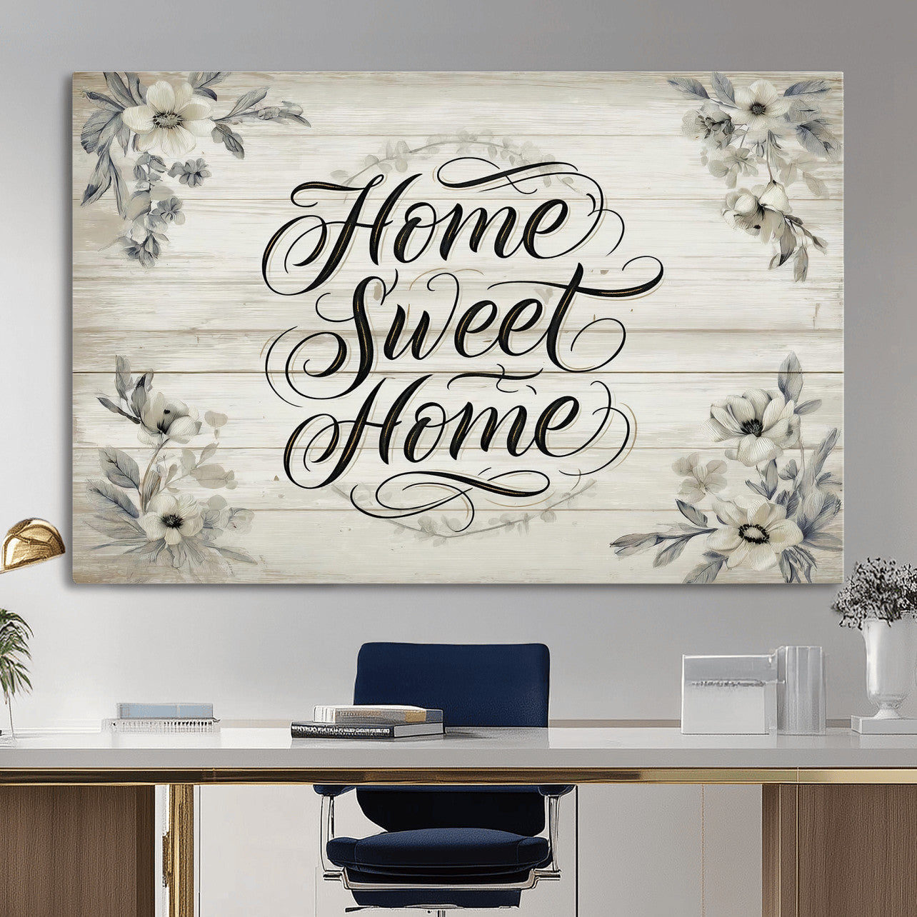 11120405-MGV-CV-36X24 - Home Sweet Home Wall Art Canvas Print, Floral Farmhouse Sign, Rustic Neutral Entryway Bedroom Living Room Decor