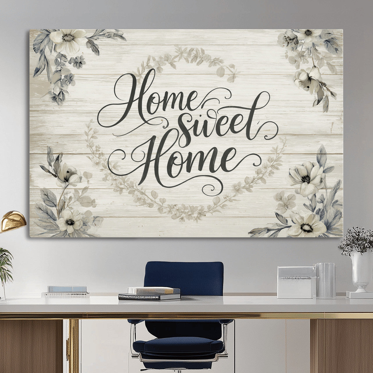 81157008-MGV-CV-36X24 - Home Sweet Home Wall Art Canvas Print, Floral Farmhouse Sign, Rustic Neutral Entryway Bedroom Living Room Decor