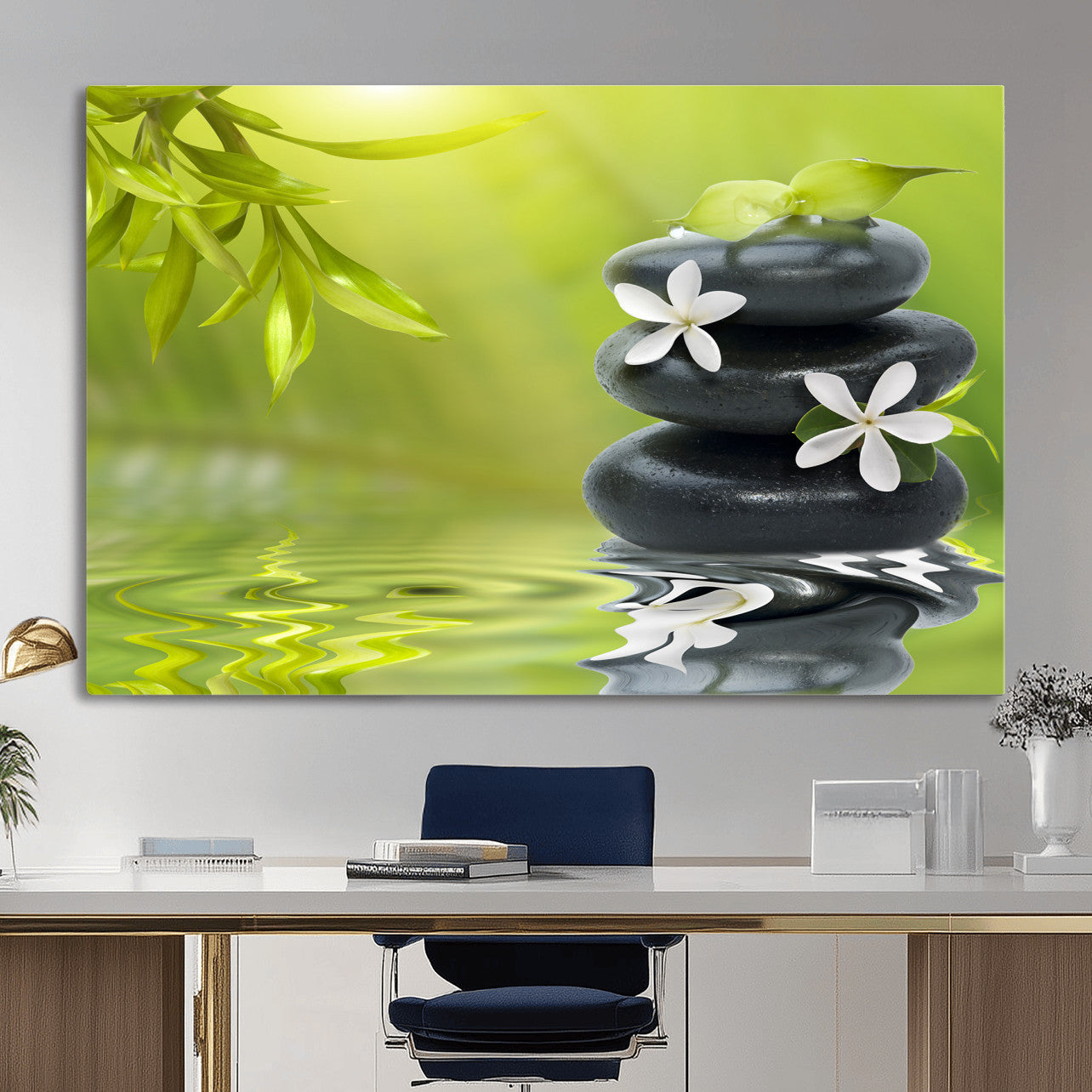 51106626-MGV-CV-36X24 - Plumeria Frangipani Black Stone Canvas | White Flower Spa Photography Print | Tropical Zen Wall Art | Grey Pebble Floral for Meditation Yoga Room Decor