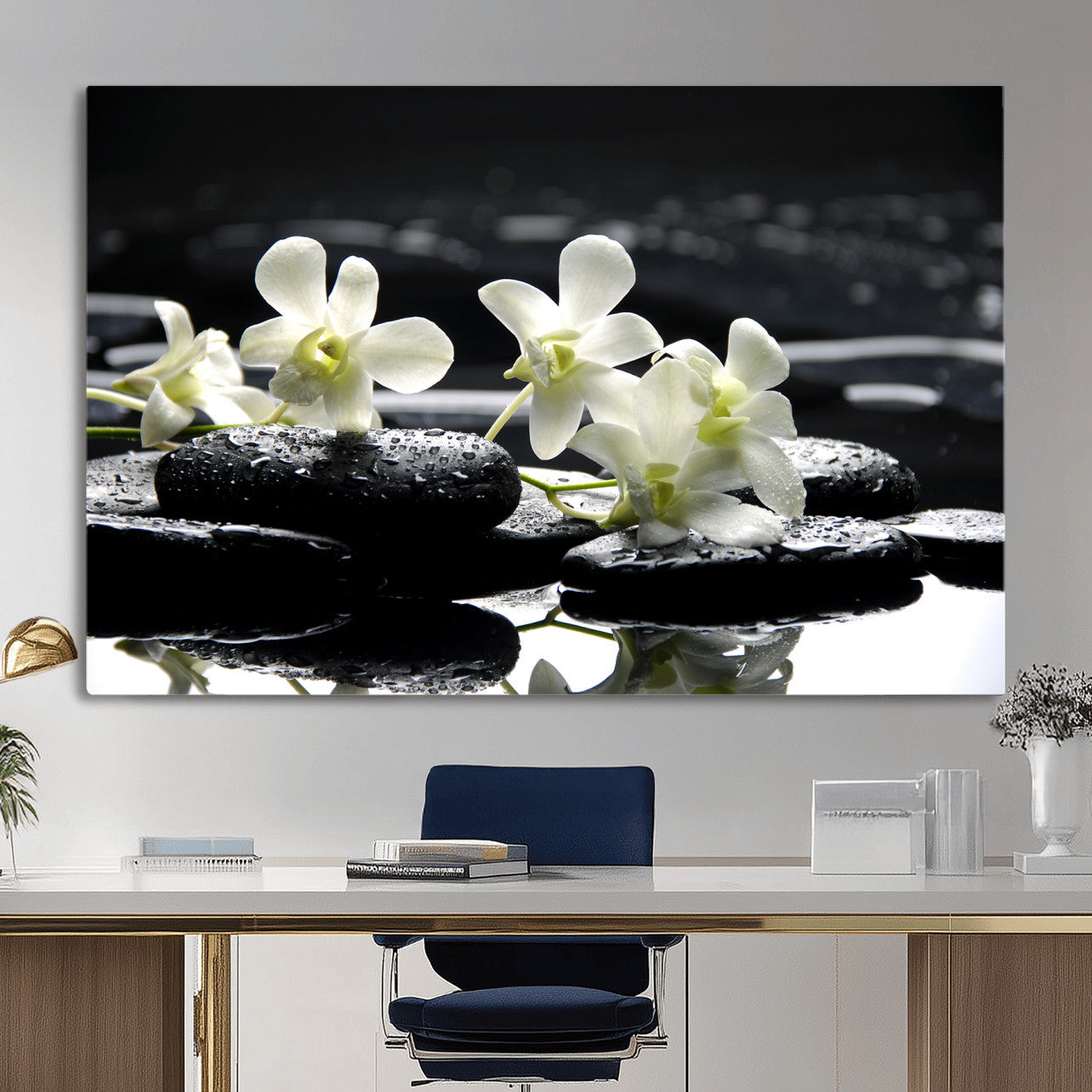79486206-MGV-CV-36X24 - Plumeria Frangipani Black Stone Canvas | White Flower Spa Photography Print | Tropical Zen Wall Art | Grey Pebble Floral for Meditation Room Decor