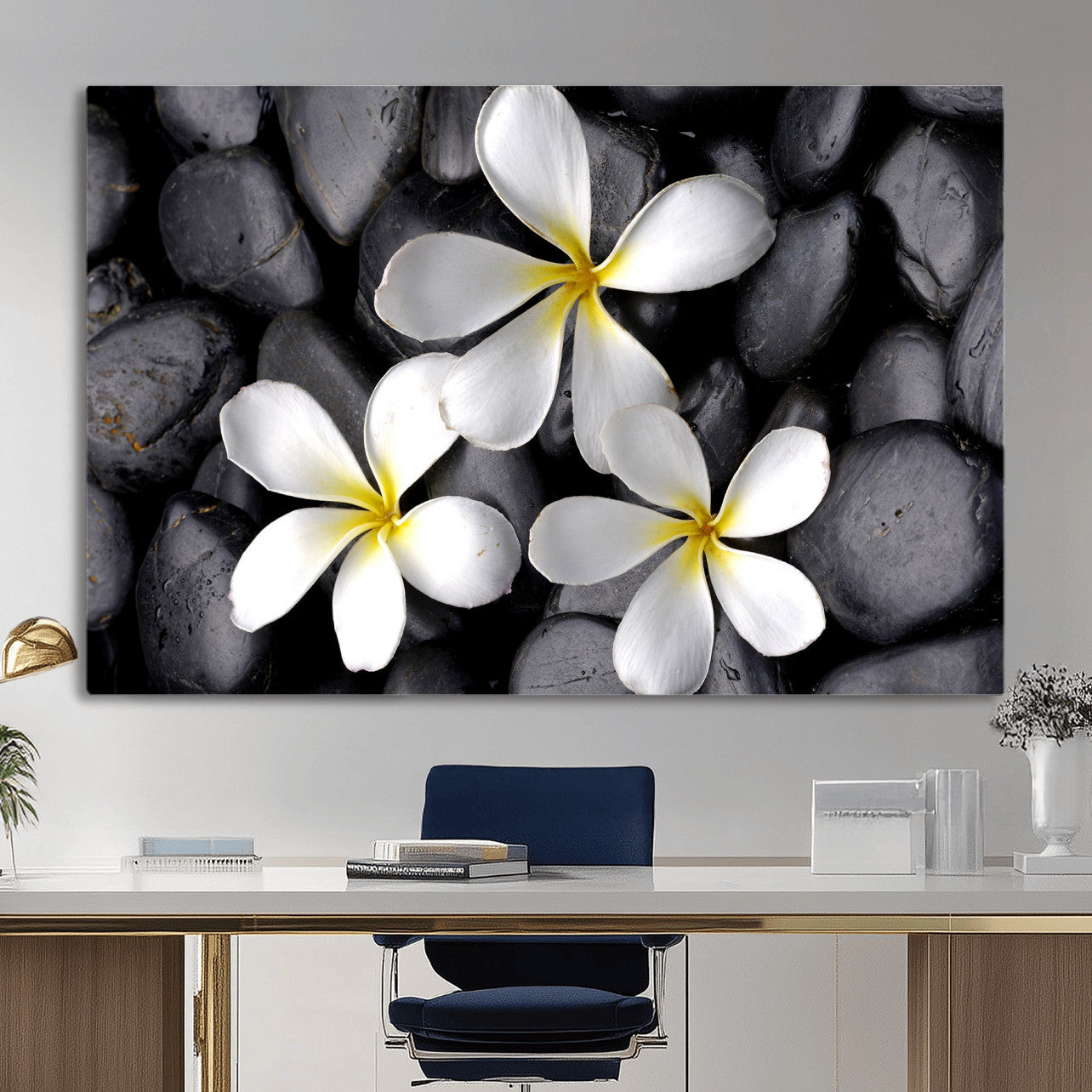 43639613-MGV-CV-36X24 - Plumeria Frangipani Black Stone Canvas | White Flower Spa Photography Print | Tropical Zen Wall Art | Grey Pebble Floral Decor
