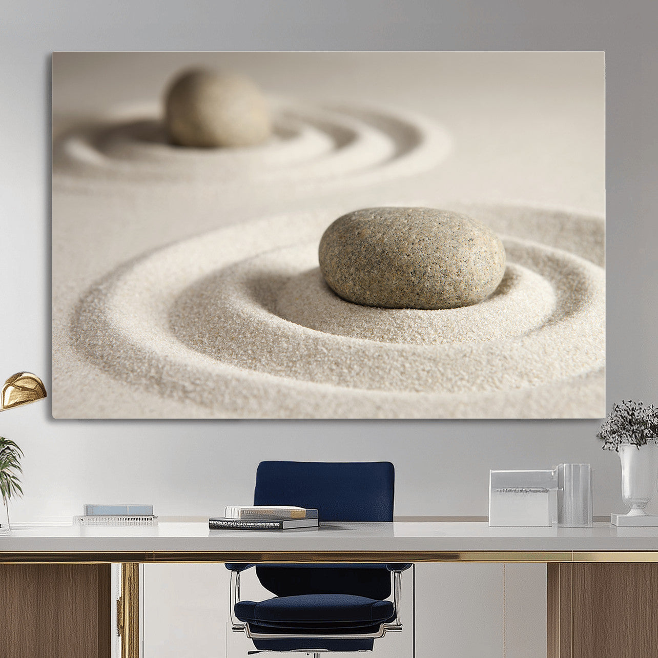 13397966-MGV-CV-36X24 - Zen Garden Stone Sand Canvas | Japanese Rock Garden Wall Art | Minimalist Meditation Print | Neutral Beige Mindfulness Decor