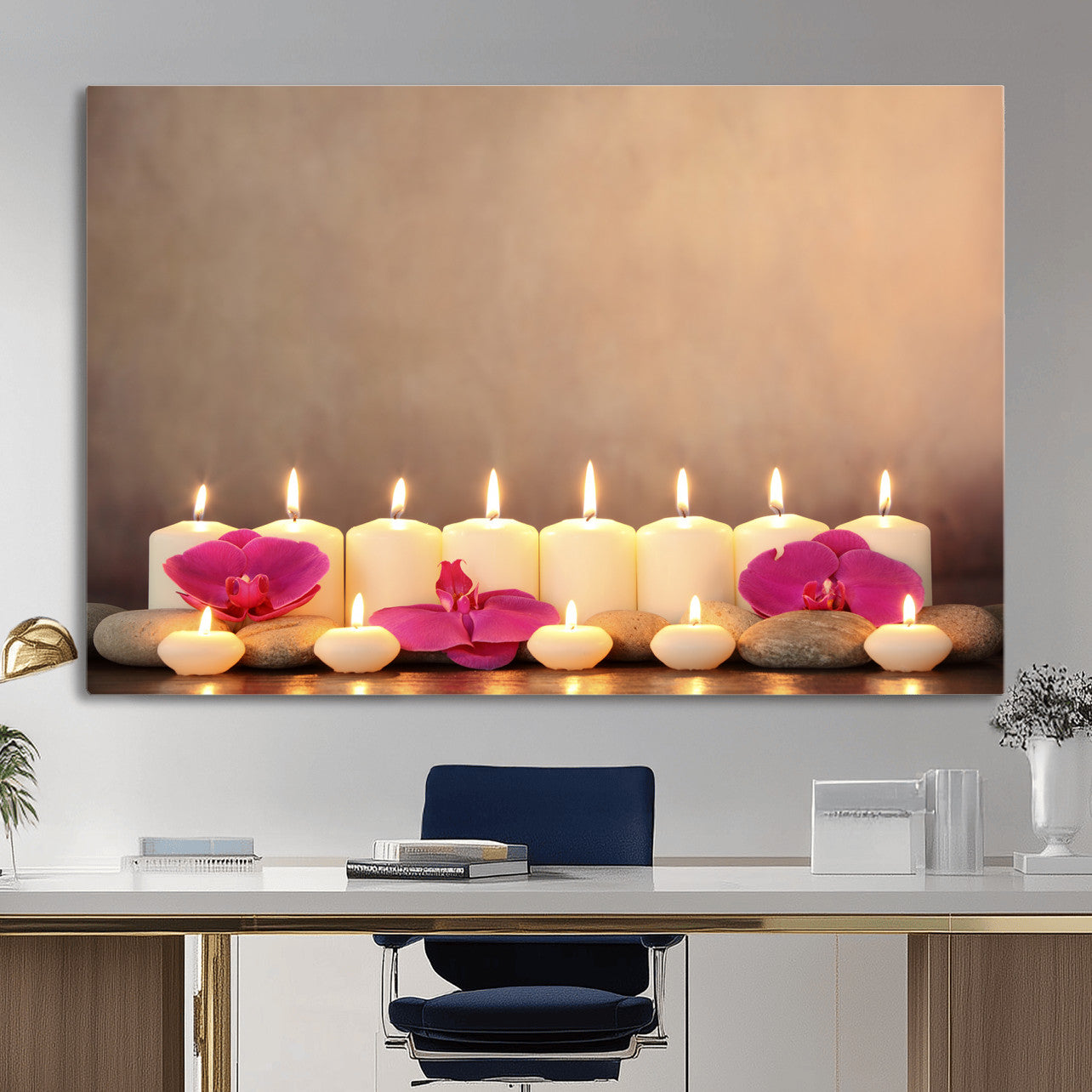 59470569-MGV-CV-36X24 - Spa Candles Orchid Canvas Print | Zen Wellness Relaxation Wall Art | Pink Flower Candlelight Bathroom Decor | Calm Beige Photography