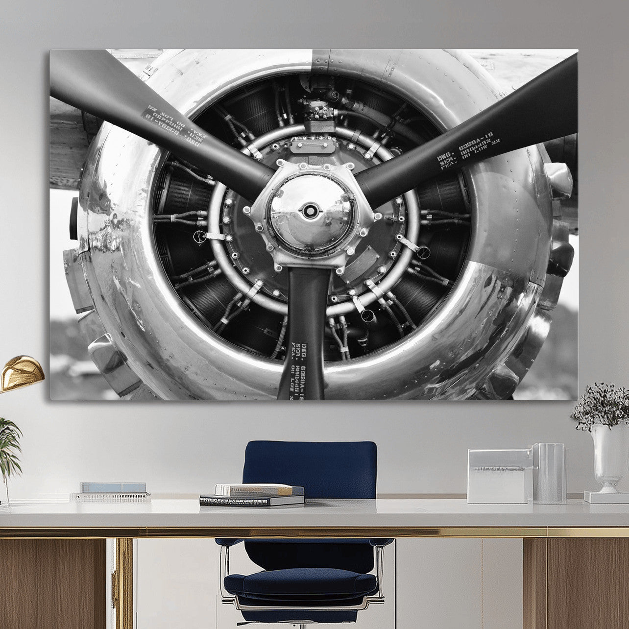 73322230-MGV-CV-36X24 - Vintage Propeller Plane Wall Art Canvas Print, Black and White Airplane Engine Close Up Framed Aviation Artwork for Pilot Office Hangar Decor