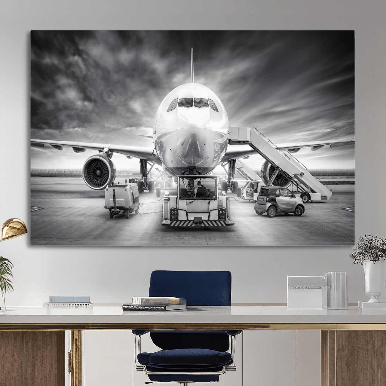 85885848-MGV-CV-36X24 - Airplane Wall Art Canvas Print, Black and White Jet Aircraft Airport Runway Framed Aviation Artwork for Pilot Office Hangar Travel Decor
