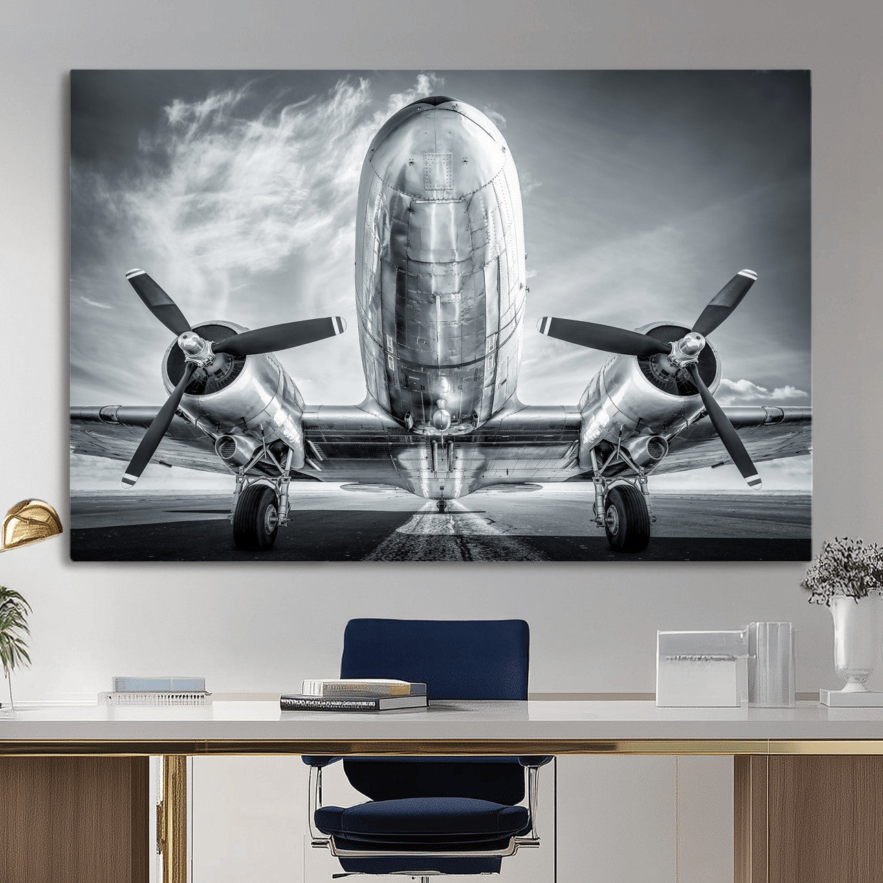 59729636-MGV-CV-36X24 - Vintage Propeller Plane Wall Art Canvas Print, Black and White Airplane Engine Close Up Framed Aviation Artwork for Pilot Office Hangar Decor