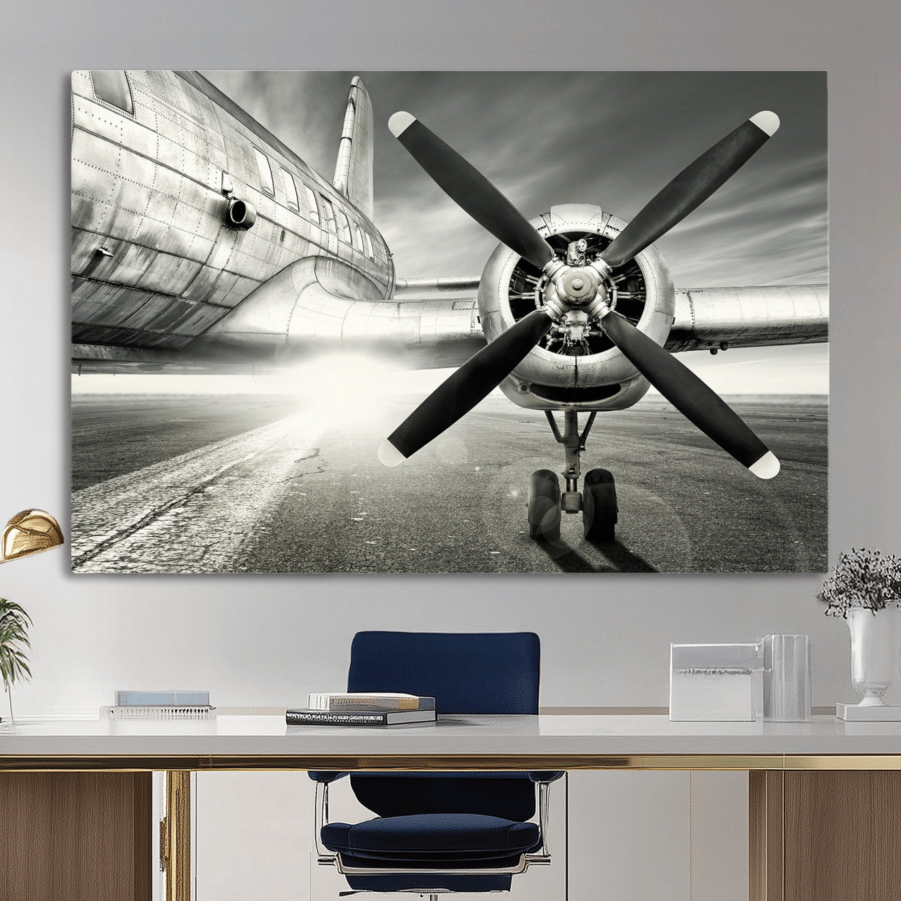 16420255-MGV-CV-36X24 - Vintage Airplane Wall Art Canvas Print, Black and White Propeller Aircraft Framed Aviation Artwork for Pilot Office Hangar Living Room Decor
