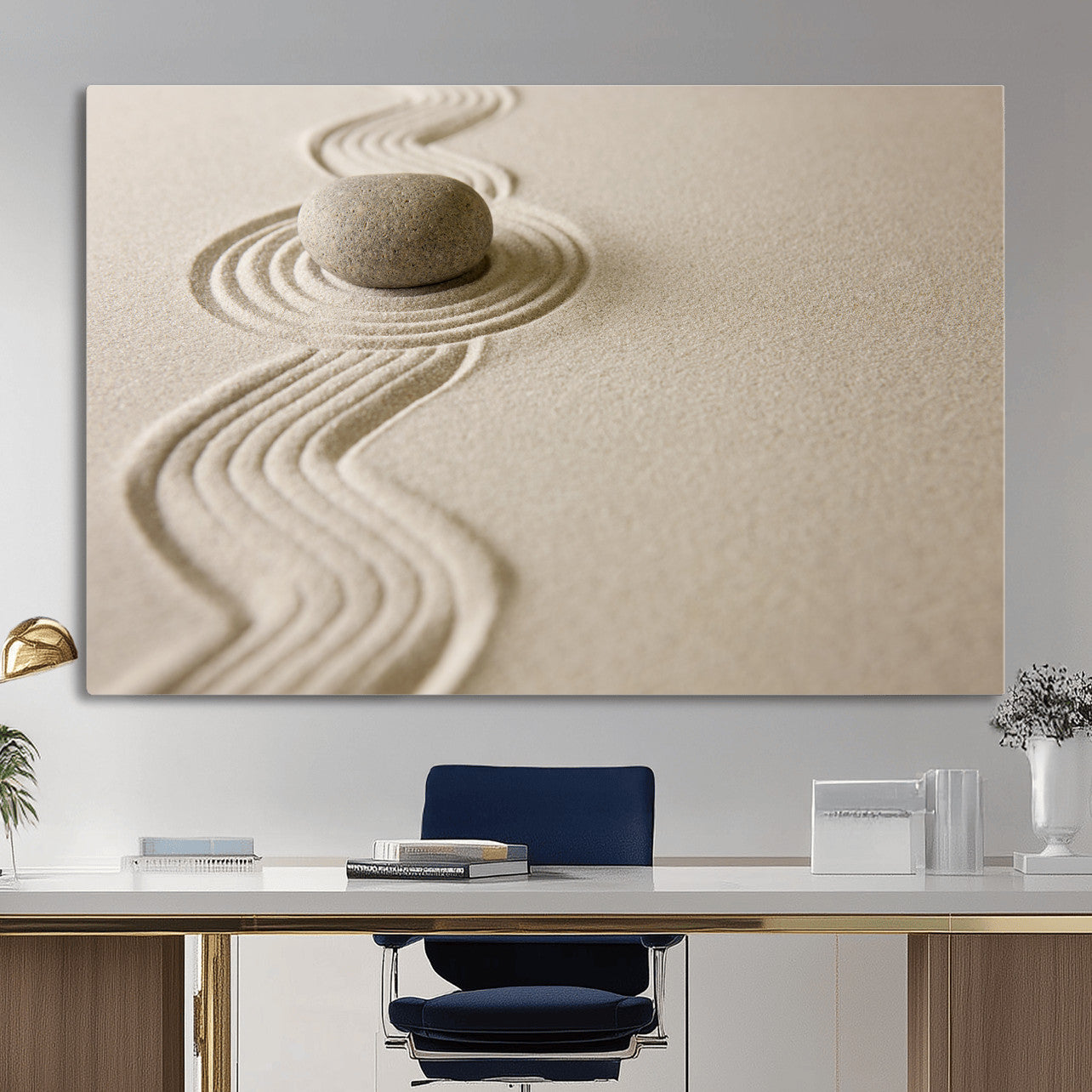 66852661-MGV-CV-36X24 - Zen Garden Stone Sand Canvas | Japanese Rock Garden Wall Art | Minimalist Meditation Print | Neutral Beige Mindfulness Decor