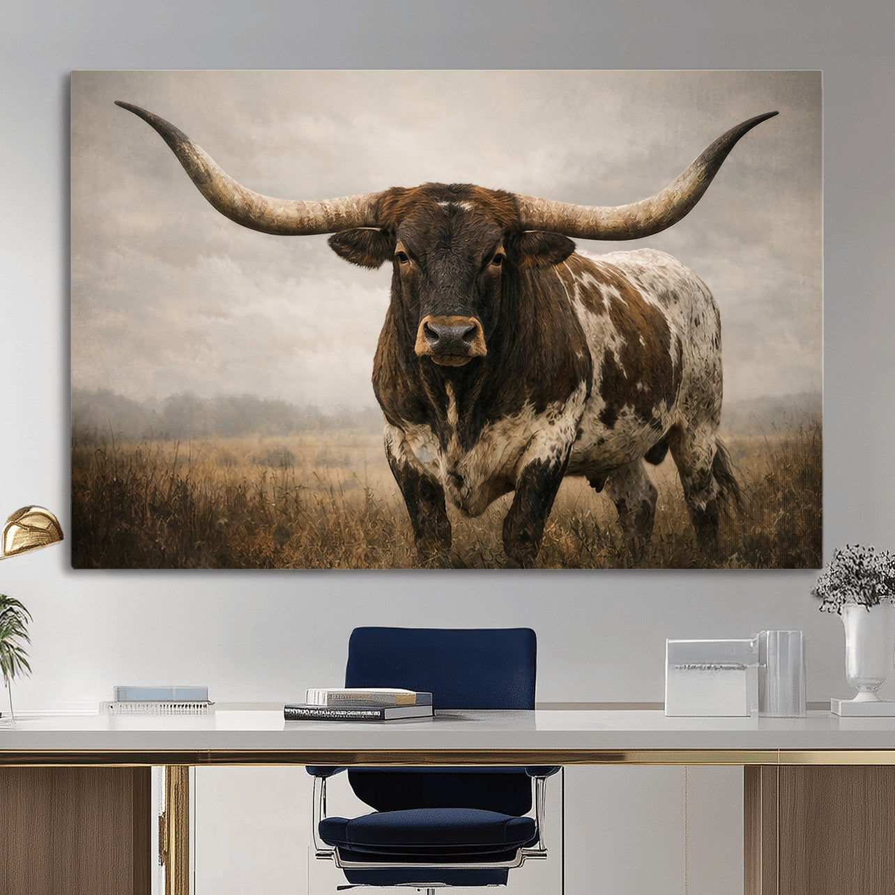 17622011L-MGV-CV-36X24 - Longhorn Bull Wall Art Canvas Print, Western Farmhouse Cowboy Decor, Rustic Texas Ranch Cattle Artwork for Living Room Bedroom Office, Framed Wall Decor