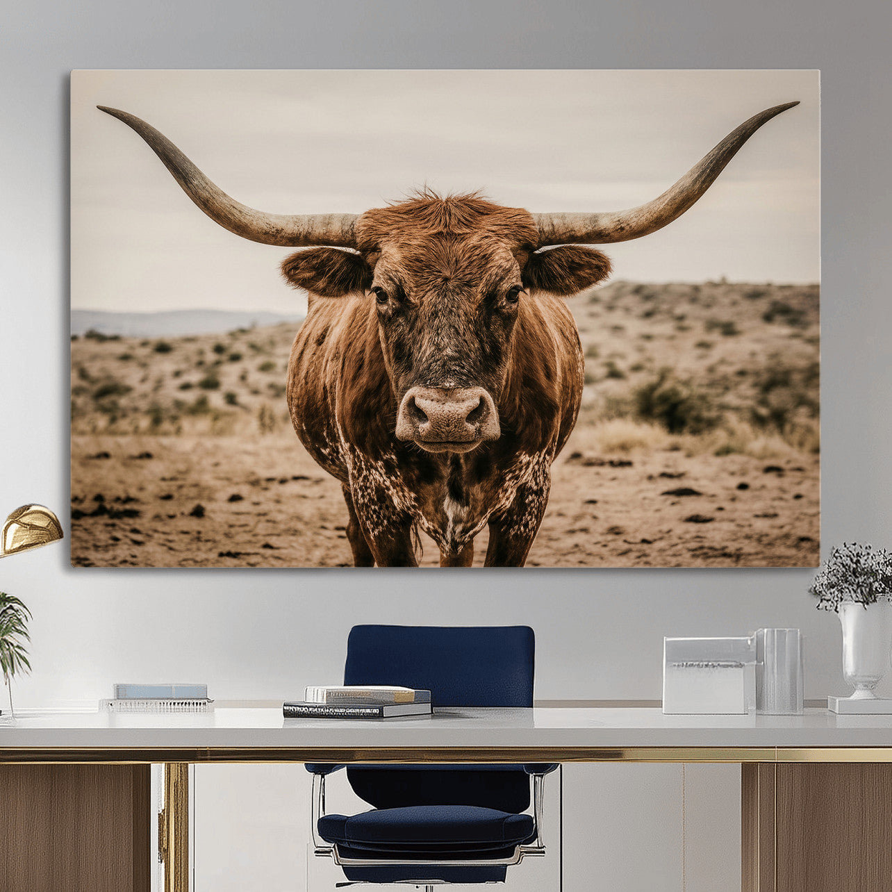 17622011K-MGV-CV-36X24 - Texas Longhorn Bull Wall Art Canvas Print, Western Farmhouse Cowboy Decor, Rustic Texas Ranch Cattle Artwork for Living Room Bedroom Office, Framed Wall Decor