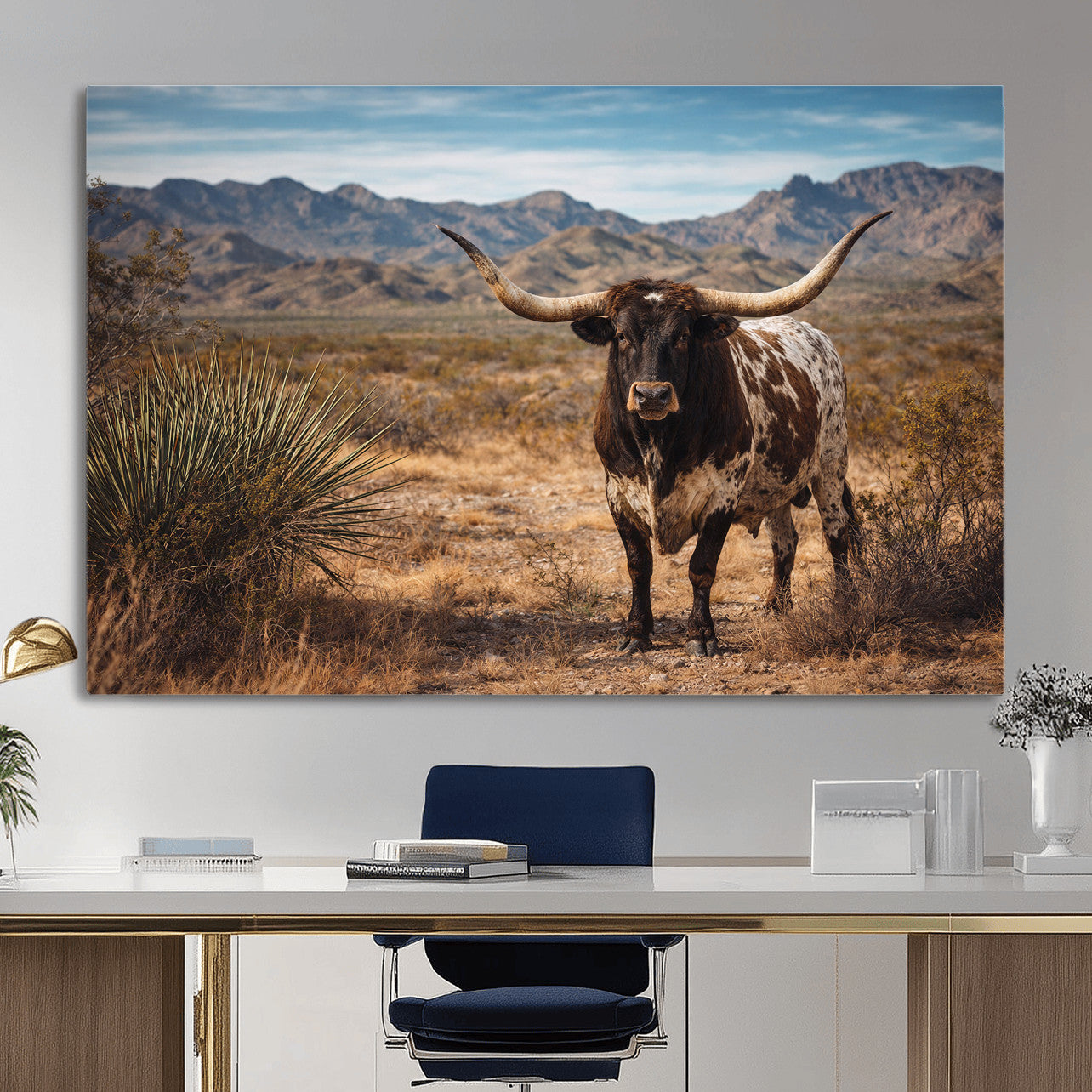 17622011S-MGV-CV-36X24 - Texas Longhorn Bull Wall Art Canvas Print, Western Farmhouse Cowboy Decor, Rustic Texas Ranch Cattle Artwork for Living Room Bedroom Office, Framed Wall Decor