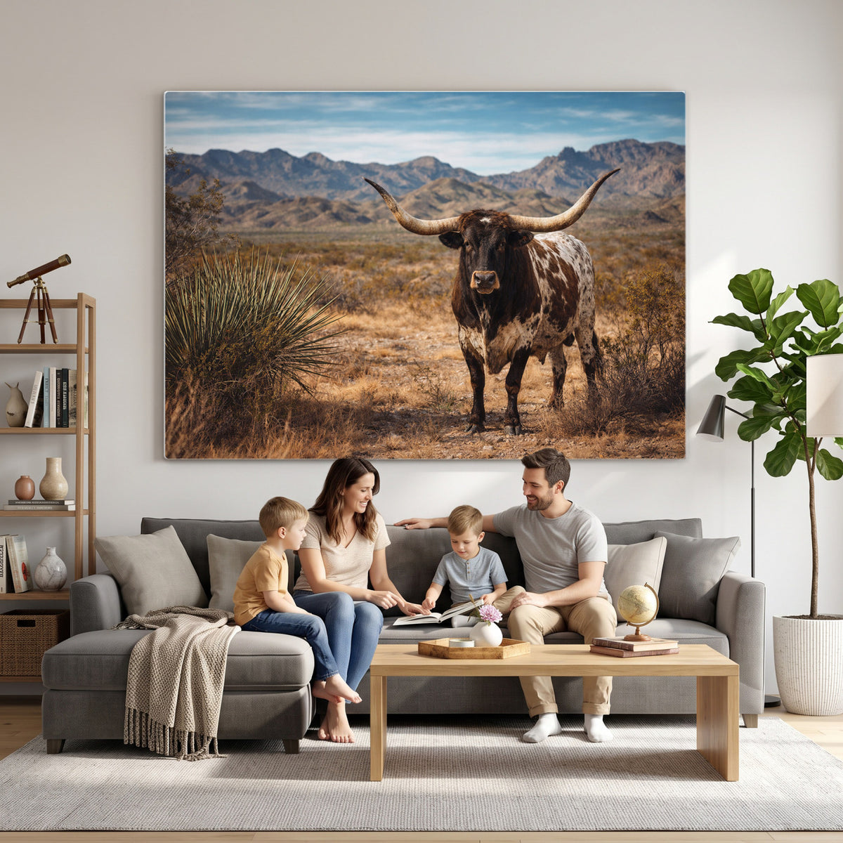 17622011S-MGV-CV-36X24 - Texas Longhorn Bull Wall Art Canvas Print, Western Farmhouse Cowboy Decor, Rustic Texas Ranch Cattle Artwork for Living Room Bedroom Office, Framed Wall Decor