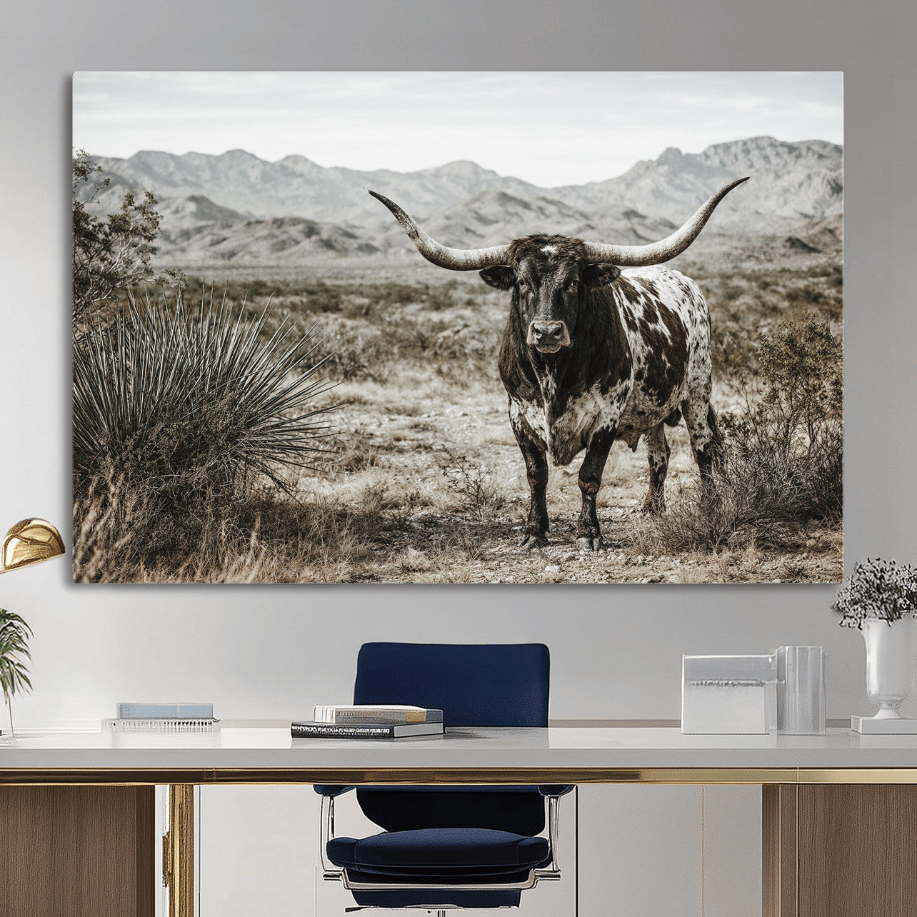 17622011H-MGV-CV-36X24 - Texas Longhorn Bull Wall Art Canvas Print, Western Farmhouse Cowboy Decor, Rustic Texas Ranch Cattle Artwork for Living Room Bedroom Office, Framed Wall Decor