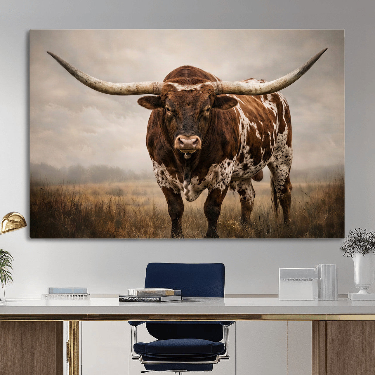 25239047-MGV-CV-36X24 - Texas Longhorn Canvas Wall Art Western Bull Desert Moody Grey Overcast Rustic Farmhouse Framed Large for Living Room Bedroom Office Decor