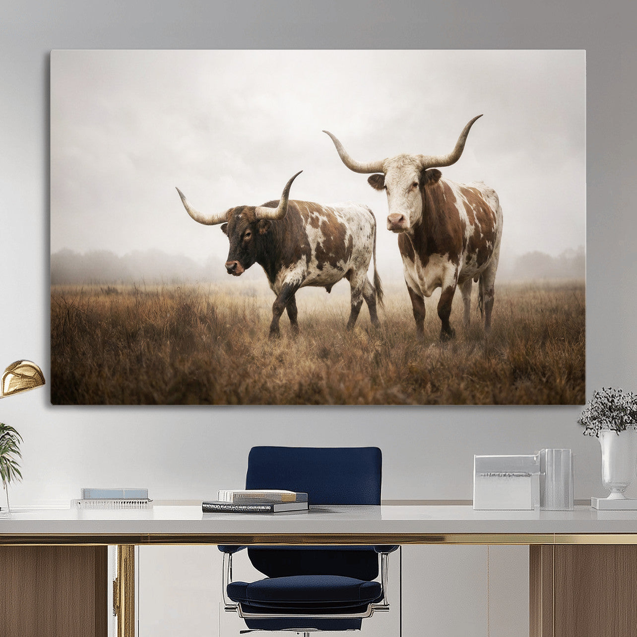 92881702-MGV-CV-36X24 - Texas Longhorn Canvas Wall Art Western Bull Desert Moody Grey Overcast Rustic Farmhouse Framed Large for Living Room Bedroom Office Decor