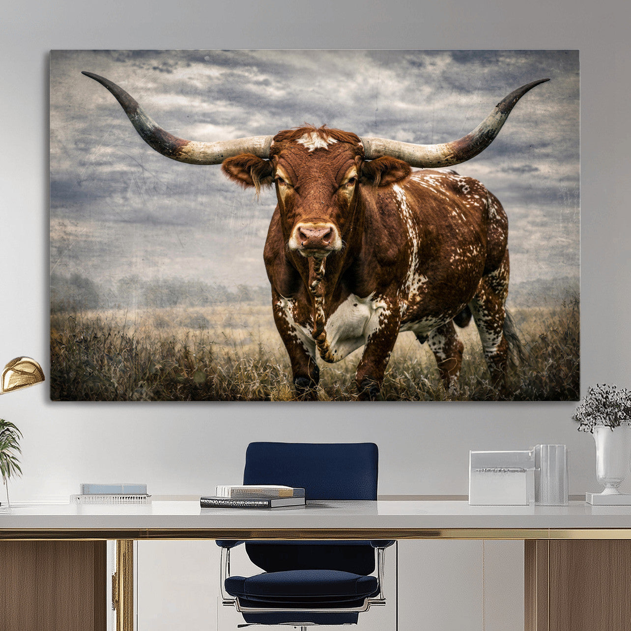 14372769-MGV-CV-36X24 - Texas Longhorn Canvas Wall Art Western Bull Desert Moody Grey Overcast Rustic Farmhouse Framed Large for Living Room Bedroom Office Decor