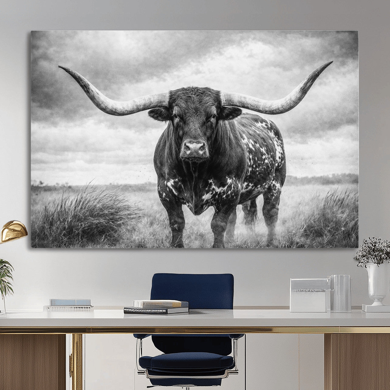 19951238-MGV-CV-36X24 - Texas Longhorn Canvas Wall Art Western Bull Desert Moody Grey Overcast Rustic Farmhouse Framed Large for Living Room Bedroom Office Decor