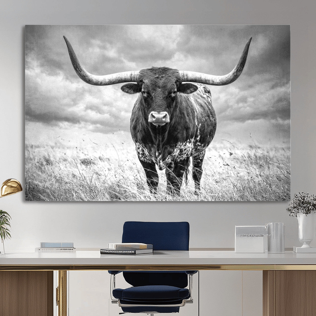 63336115-MGV-CV-36X24 - Texas Longhorn Canvas Wall Art Western Bull Desert Moody Grey Overcast Rustic Farmhouse Framed Large for Living Room Bedroom Office Decor